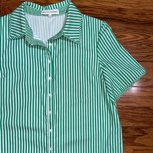 English Factory Green Striped Binded Wide Sleeve Mini Shirt Dress Size Medium - Picture 9 of 14
